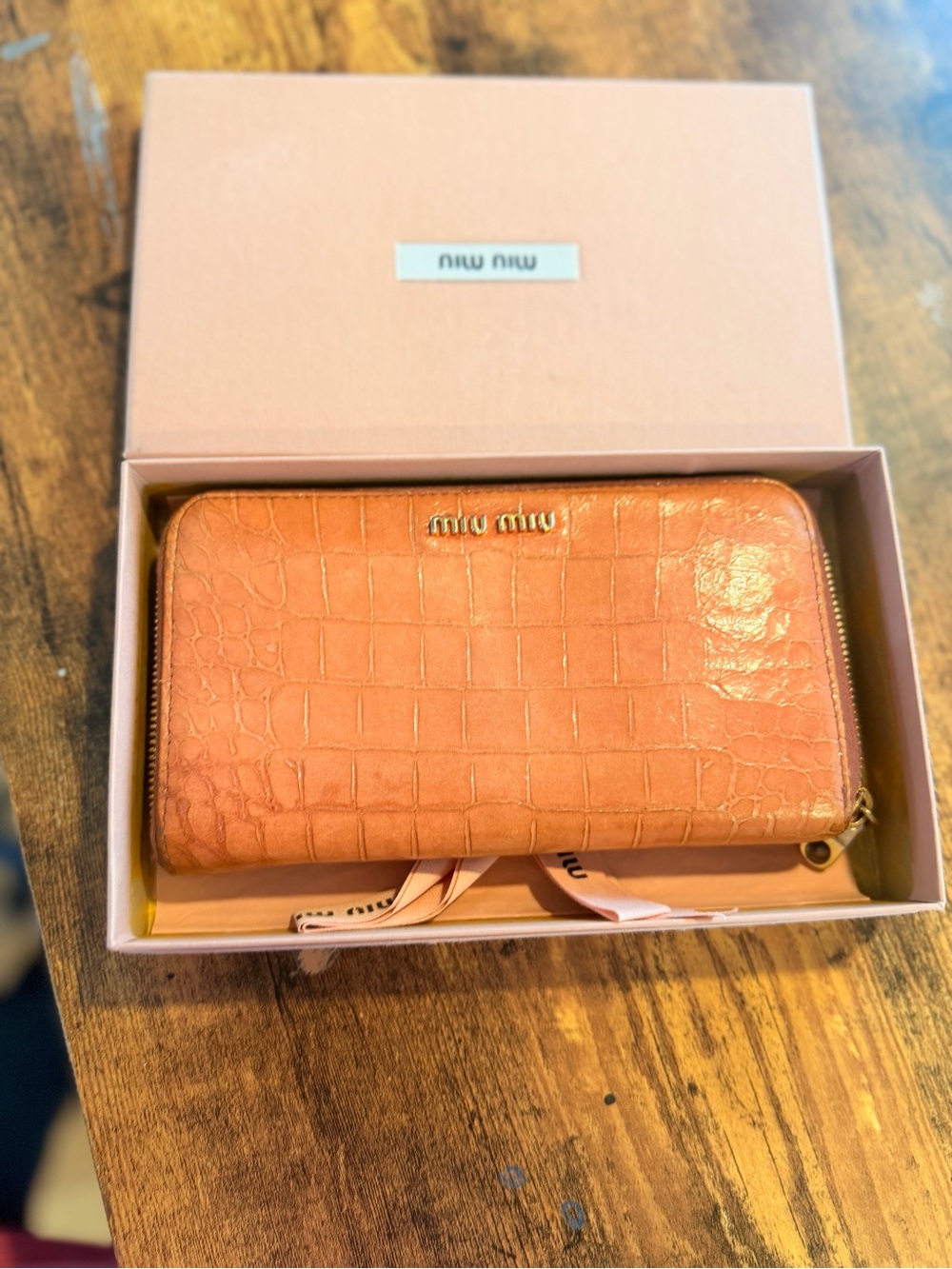 Miu Miu Croc-Embossed Zip-Around Wallet in Peachy Orange with Gold Hardware